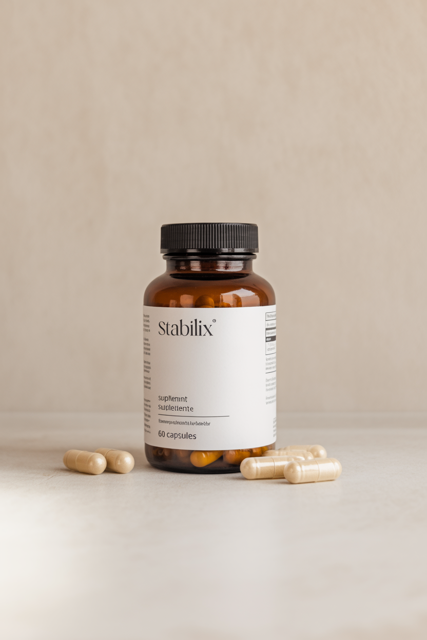 Amber supplement bottle with capsules on a neutral surface